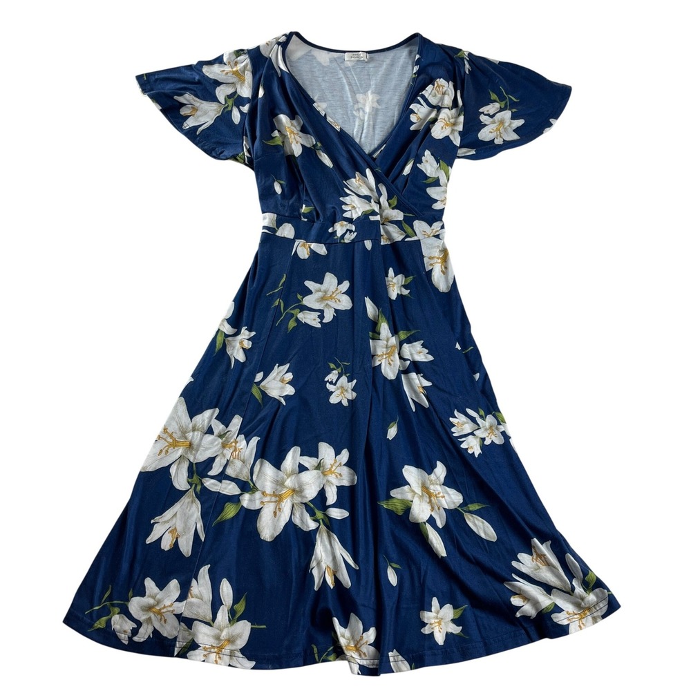 Pinup Fashion‎ Floral Wrap Midi Dress Blue White Lily Print Flutter Sleeve 20W